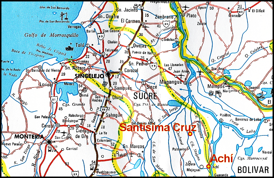 map showing a part of inland
              coastal Colombia with Ach&iacute; just 20 miles up the Rio
              Mojana from Santisima Cruz