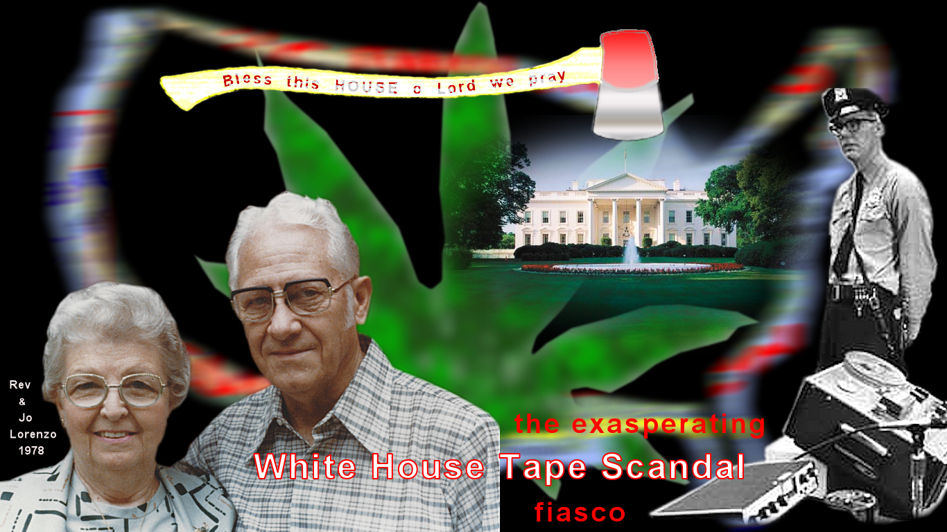 mj lorenzo's 'White House collage',
        which includes: a cop; a tape machine; Rev and Jo Lorenzo in
        1978; a marijuana leaf; the outline of the USA; and the White
        House with an axe hanging over it, on whose handle are the words
        'Bless this HOUSE o Lord we pray'